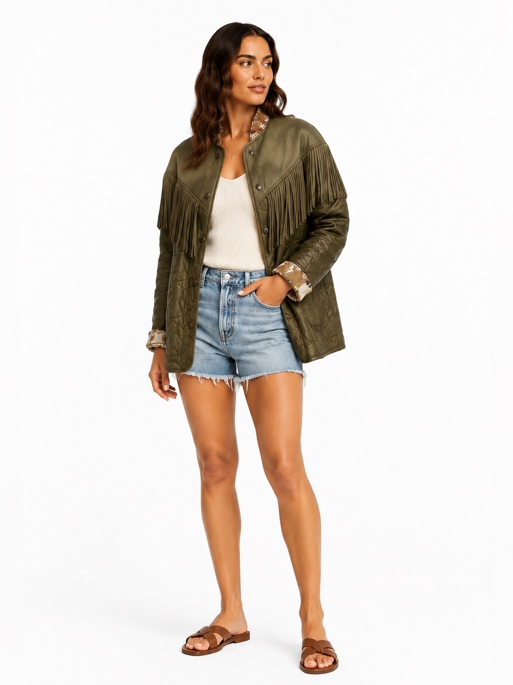 Mother Olive Fringe Quilted Jacket Size Large